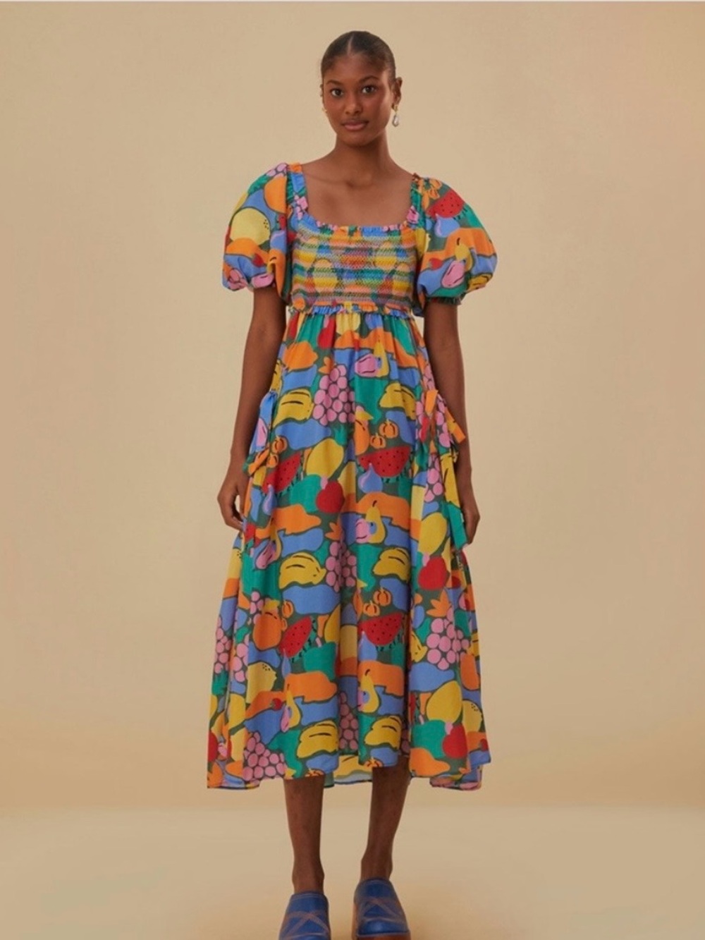 FARM Rio Multicolor Fruit-Print Puff Sleeve Midi Dress in Blue, Yellow & Pink